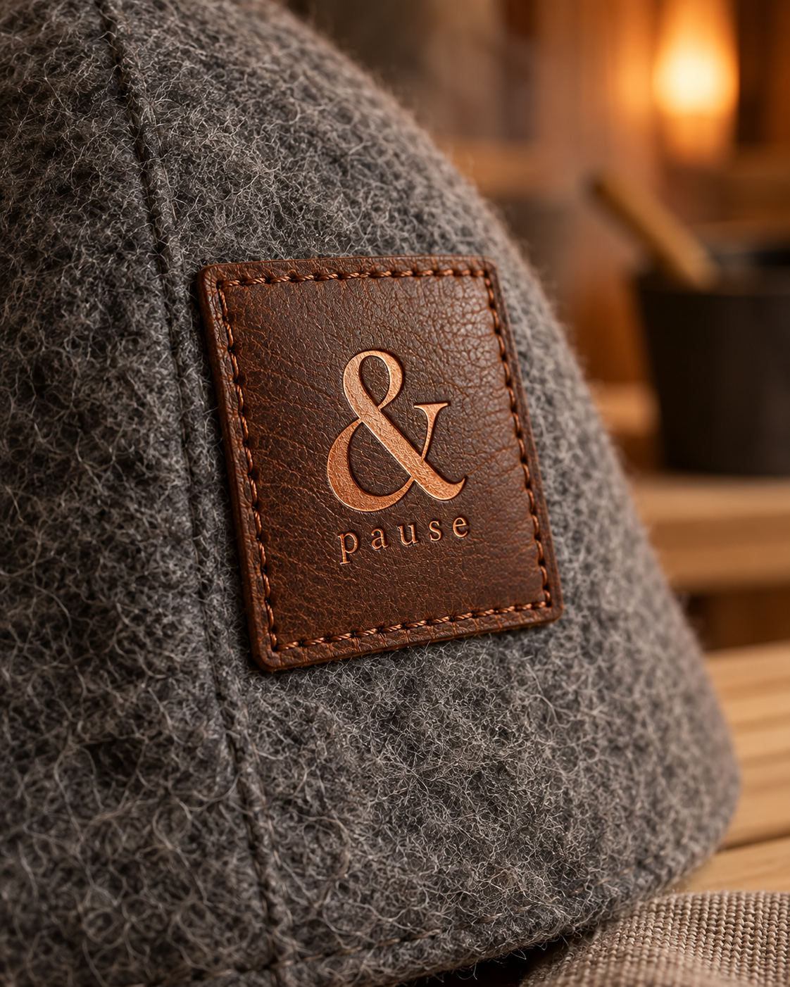Grey sauna hat with leather patch