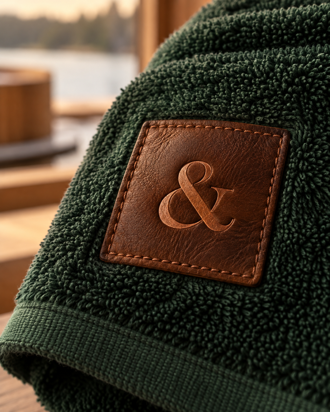 Forest green towel with leather ampersand patch